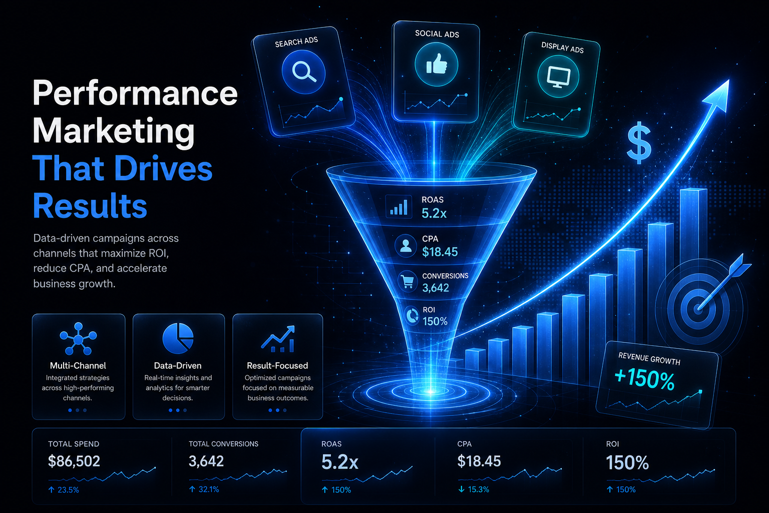 Performance marketing funnel driving measurable ROI across search, social, and display channels